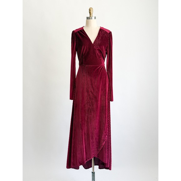 Baltic Born Dresses & Skirts - Baltic Born Maxi Dress Velvet Pleated Wrap Red Long Sleeve High Low Burgundy L